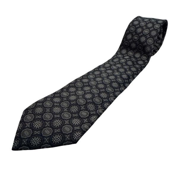 Versace Tie Blue Gray Geometric Necktie 100% Silk Made in Italy Medusa Luxury - Picture 1 of 8
